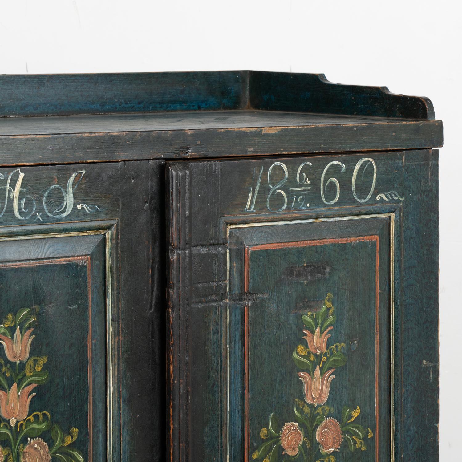 Wood Original Dark Blue Painted Sideboard With Flowers, Sweden dated 1860 For Sale