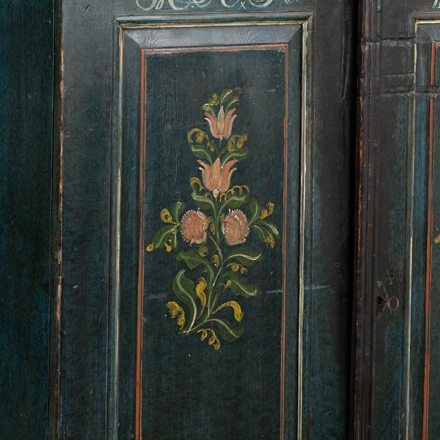 Original Dark Blue Painted Sideboard With Flowers, Sweden dated 1860 For Sale 1