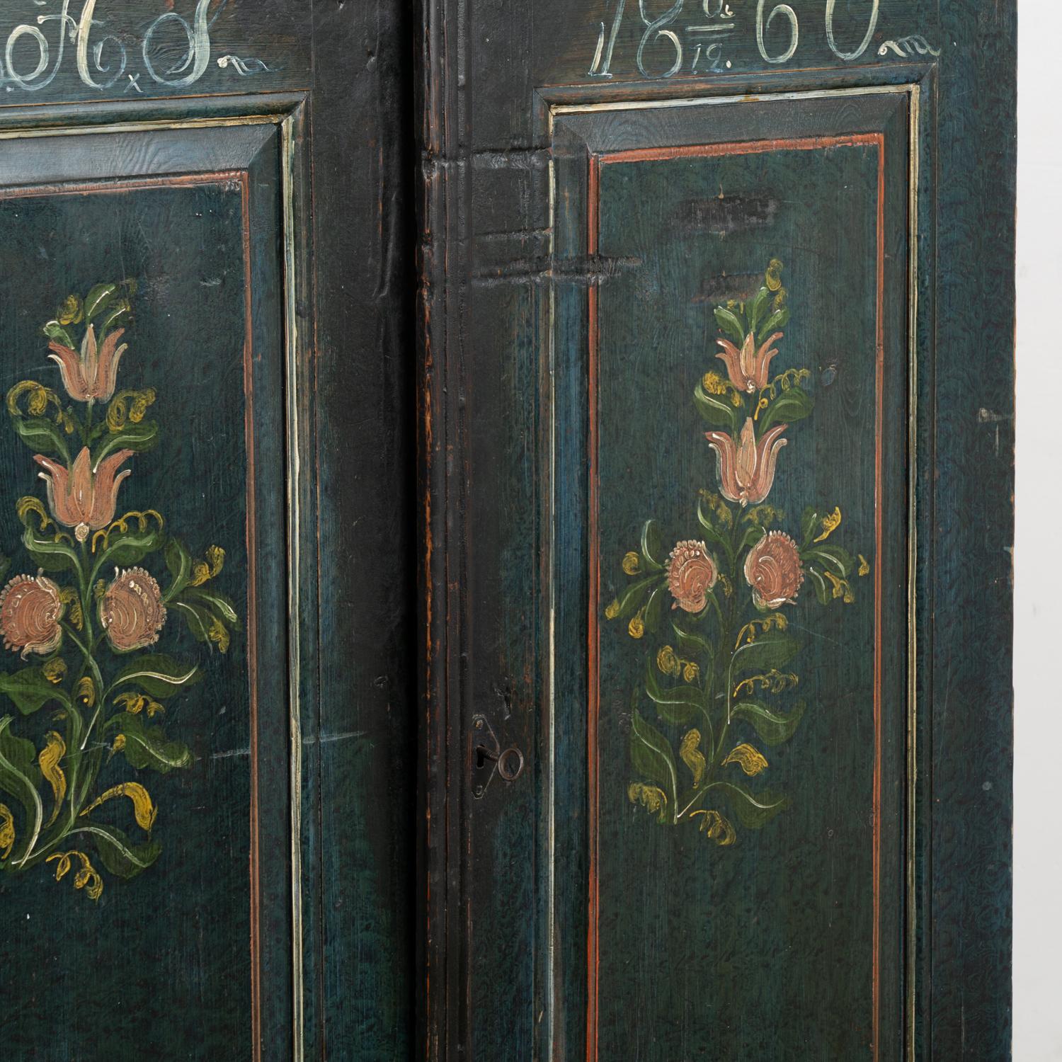 Original Dark Blue Painted Sideboard With Flowers, Sweden dated 1860 For Sale 2