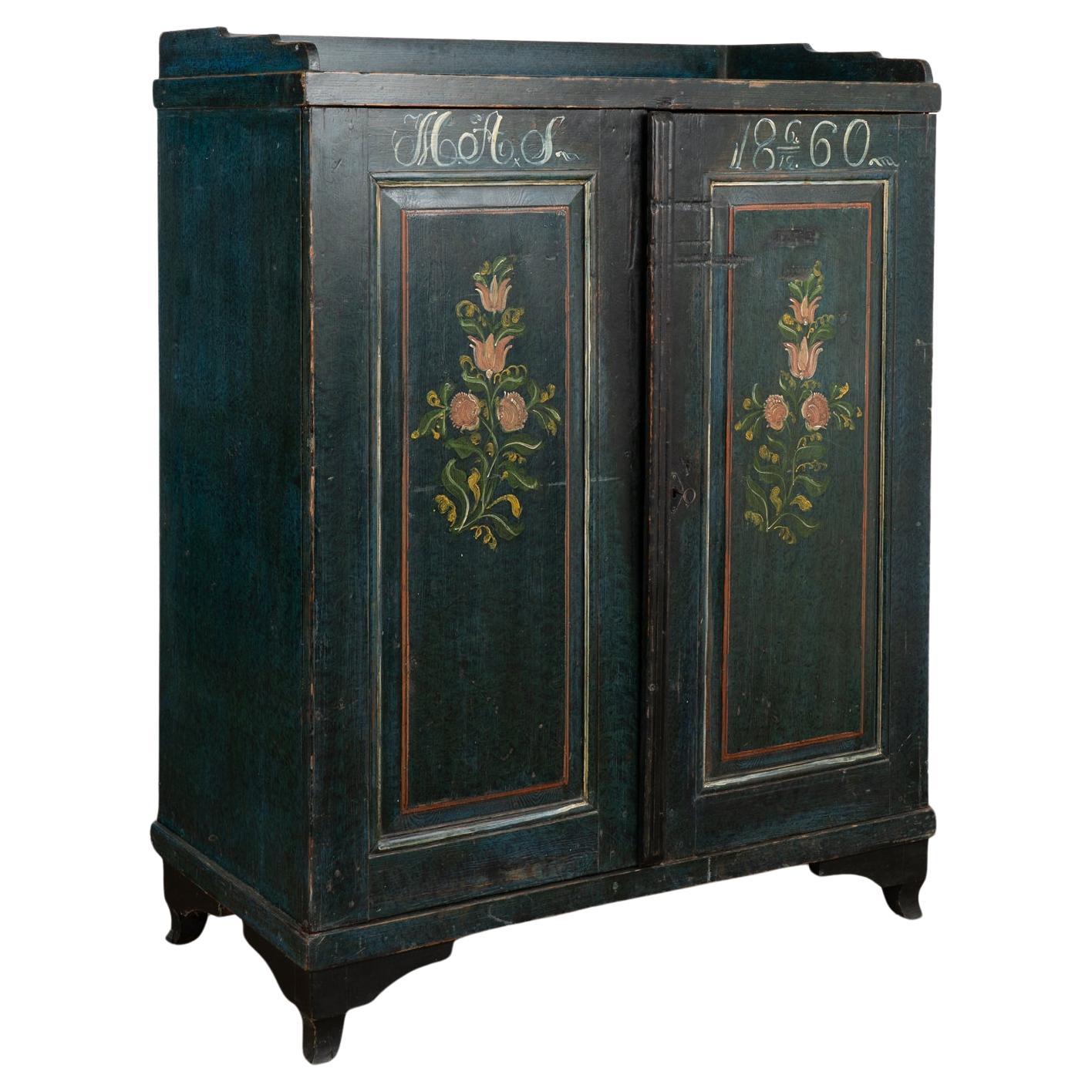 Original Dark Blue Painted Sideboard With Flowers, Sweden dated 1860 For Sale