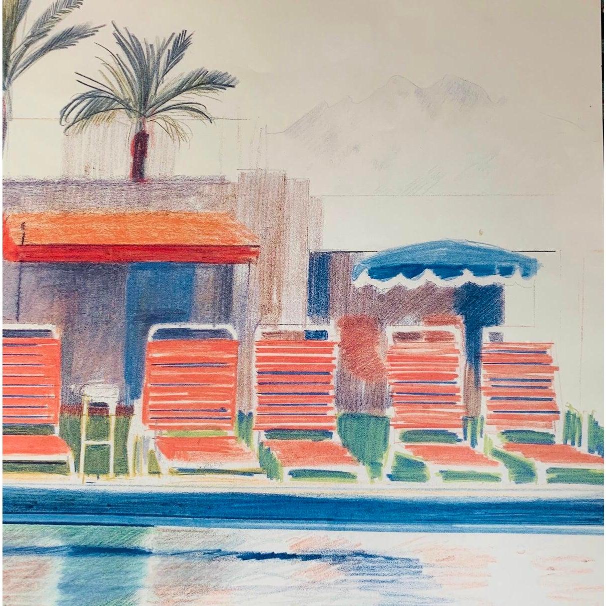Póster litografía original de la exposición de David Hockney 8 sillas de sol junto a una piscina 1976 Moderno de mediados de siglo en venta