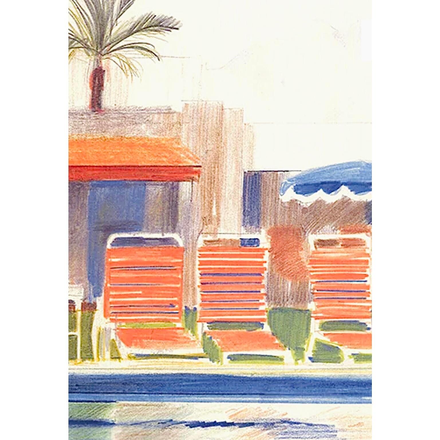 Póster litografía original de la exposición de David Hockney 8 sillas de sol junto a una piscina 1976 en Bueno estado para la venta en St.Petersburg, FL
