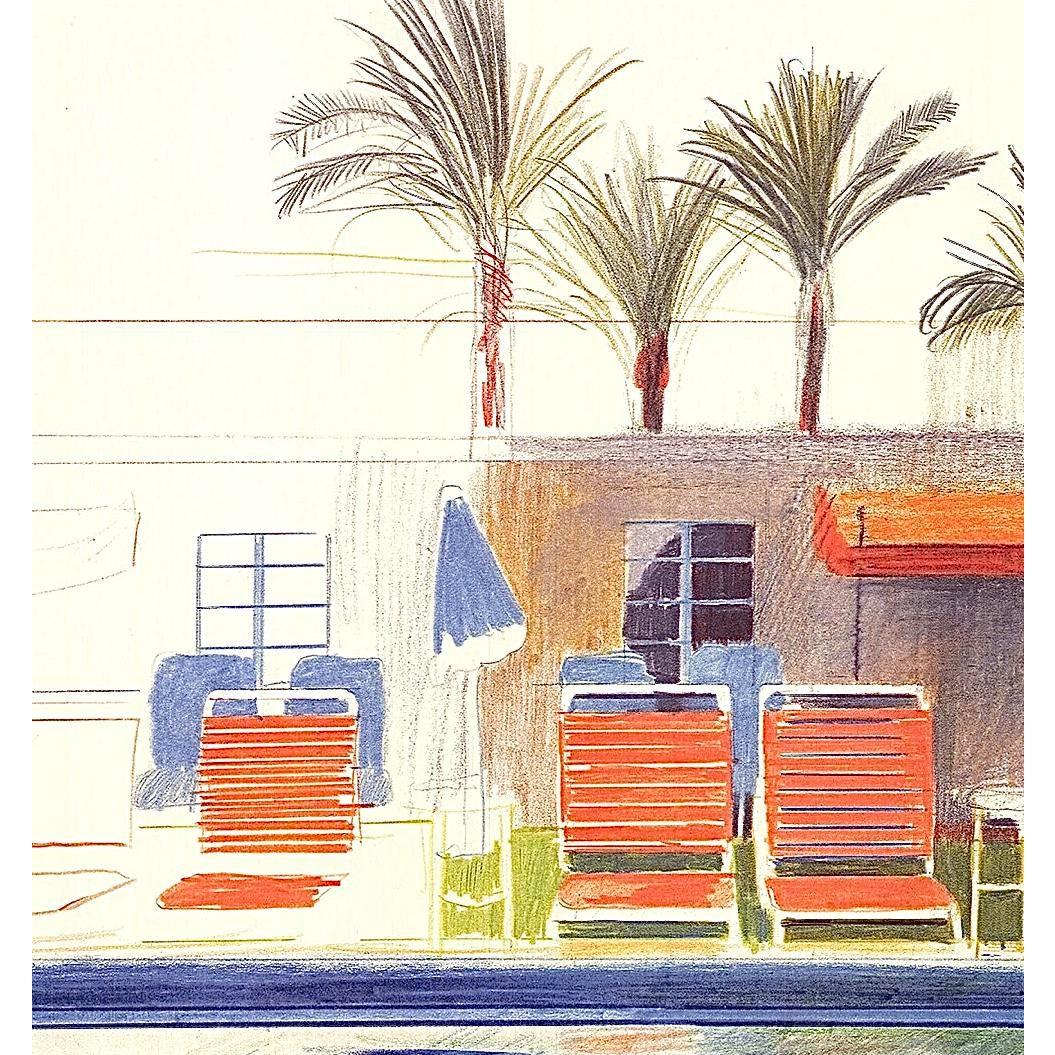 Póster litografía original de la exposición de David Hockney 8 sillas de sol junto a una piscina 1976 siglo XX en venta