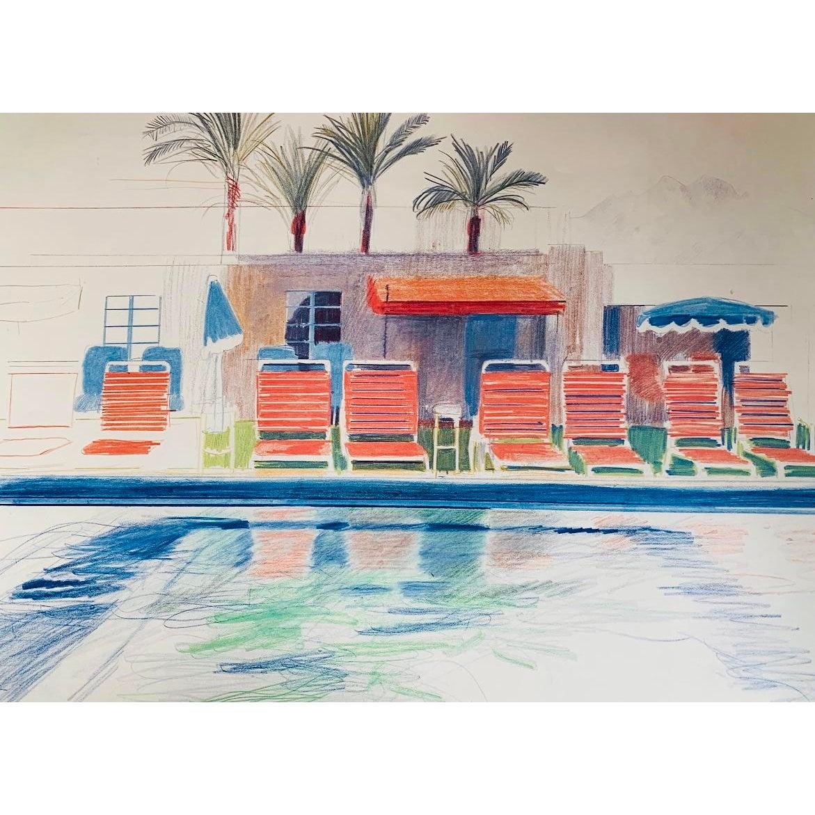 Póster litografía original de la exposición de David Hockney 8 sillas de sol junto a una piscina 1976 Papel en venta