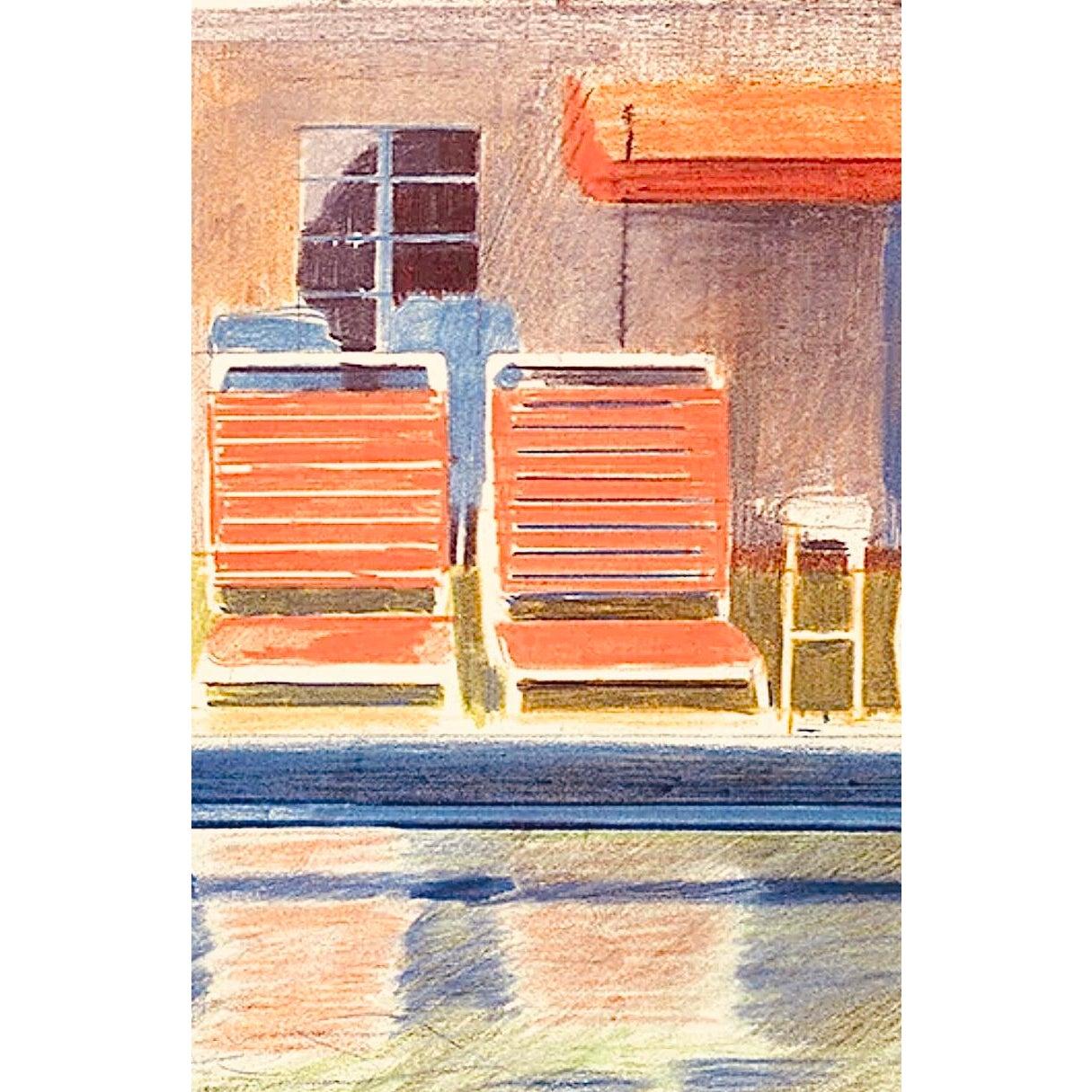 Póster litografía original de la exposición de David Hockney 8 sillas de sol junto a una piscina 1976 en venta 1