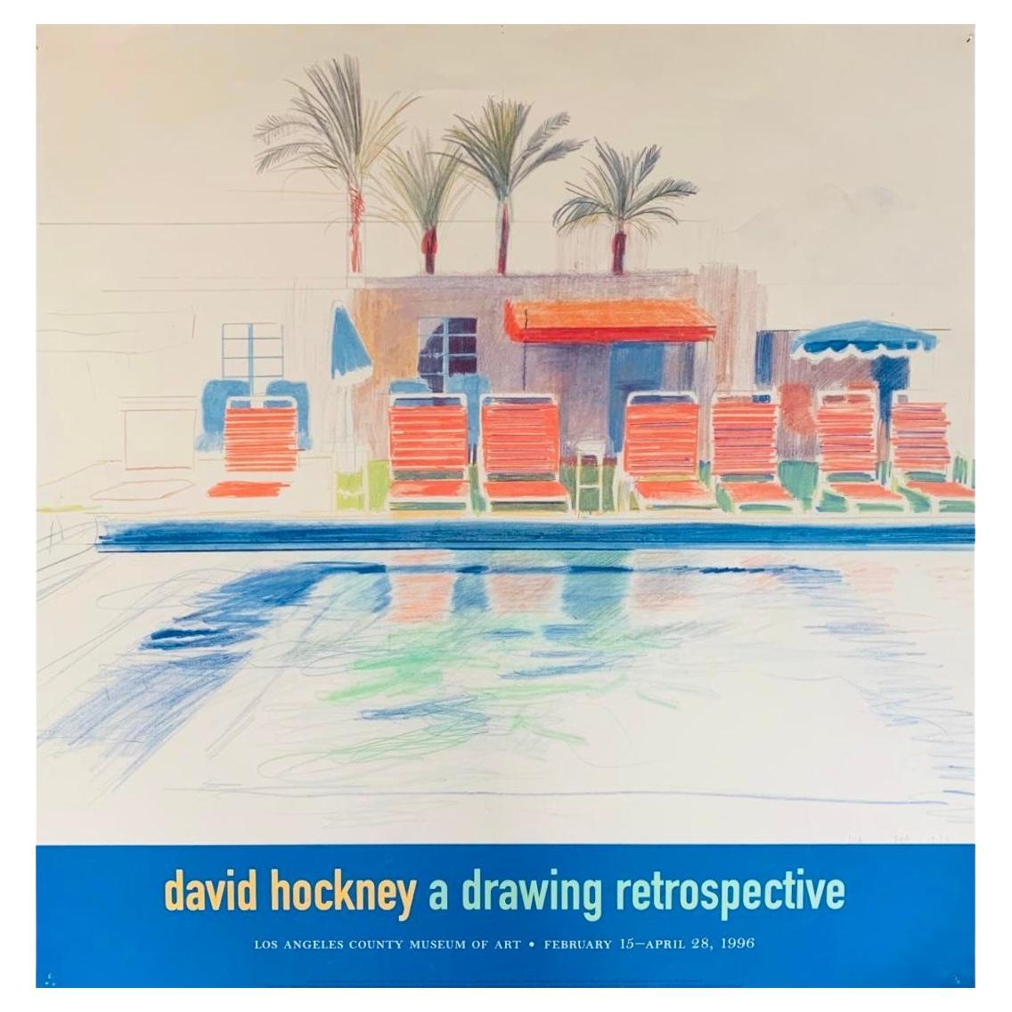 Póster litografía original de la exposición de David Hockney 8 sillas de sol junto a una piscina 1976