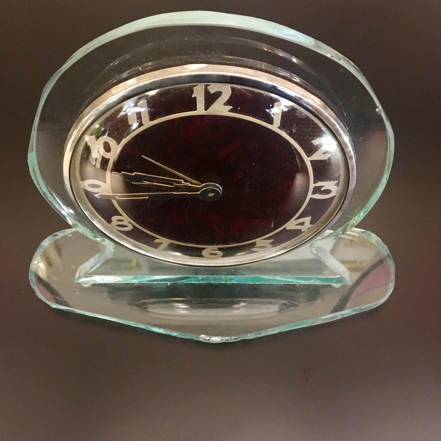 Art Deco Original Decò Crystal Table Clock Turtle Effect Dial,  1930s