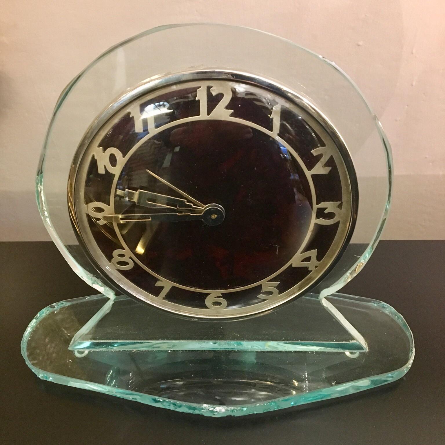 Italian Original Decò Crystal Table Clock Turtle Effect Dial,  1930s