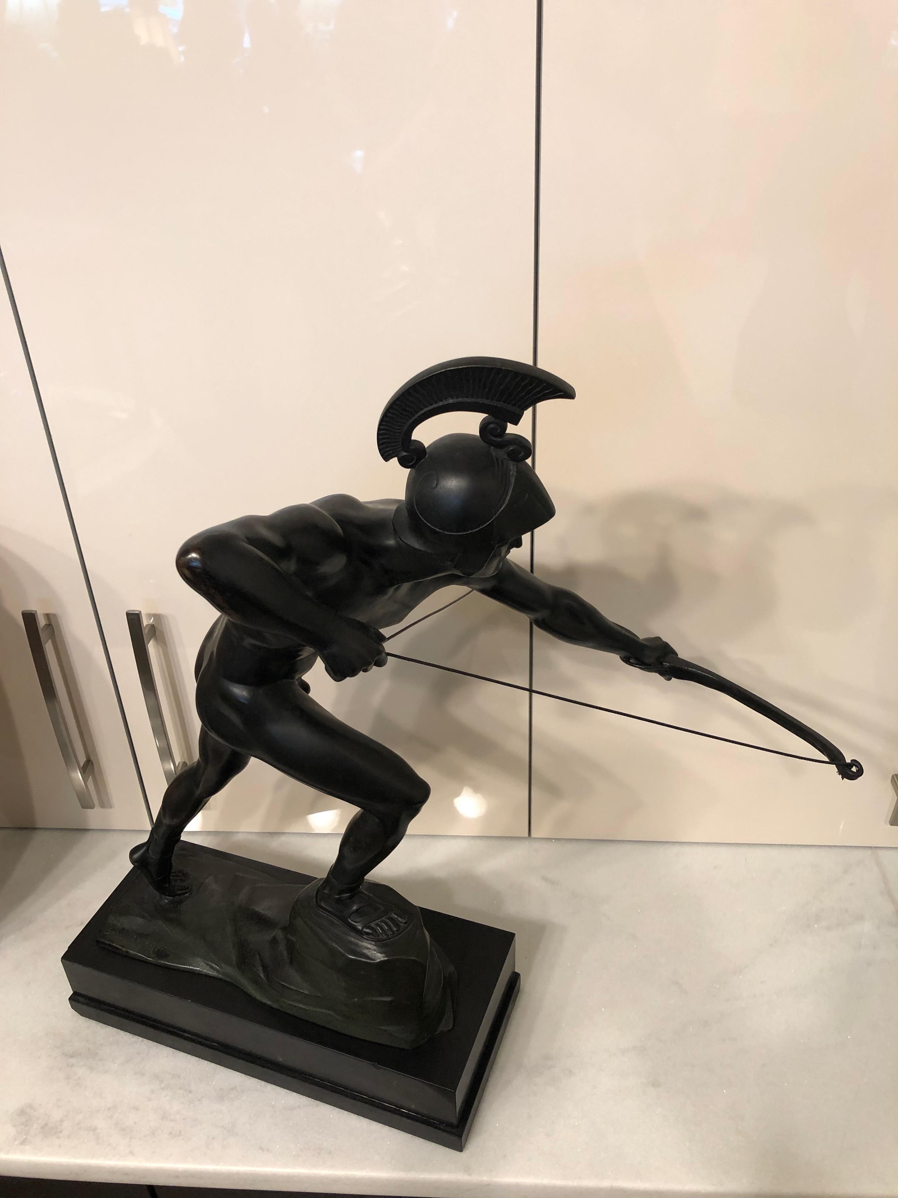 This sculpture in black is a Male Archer signed and mounted on black marble. Is an original Sculpture. Schmidt Hofer, (1873-1925).