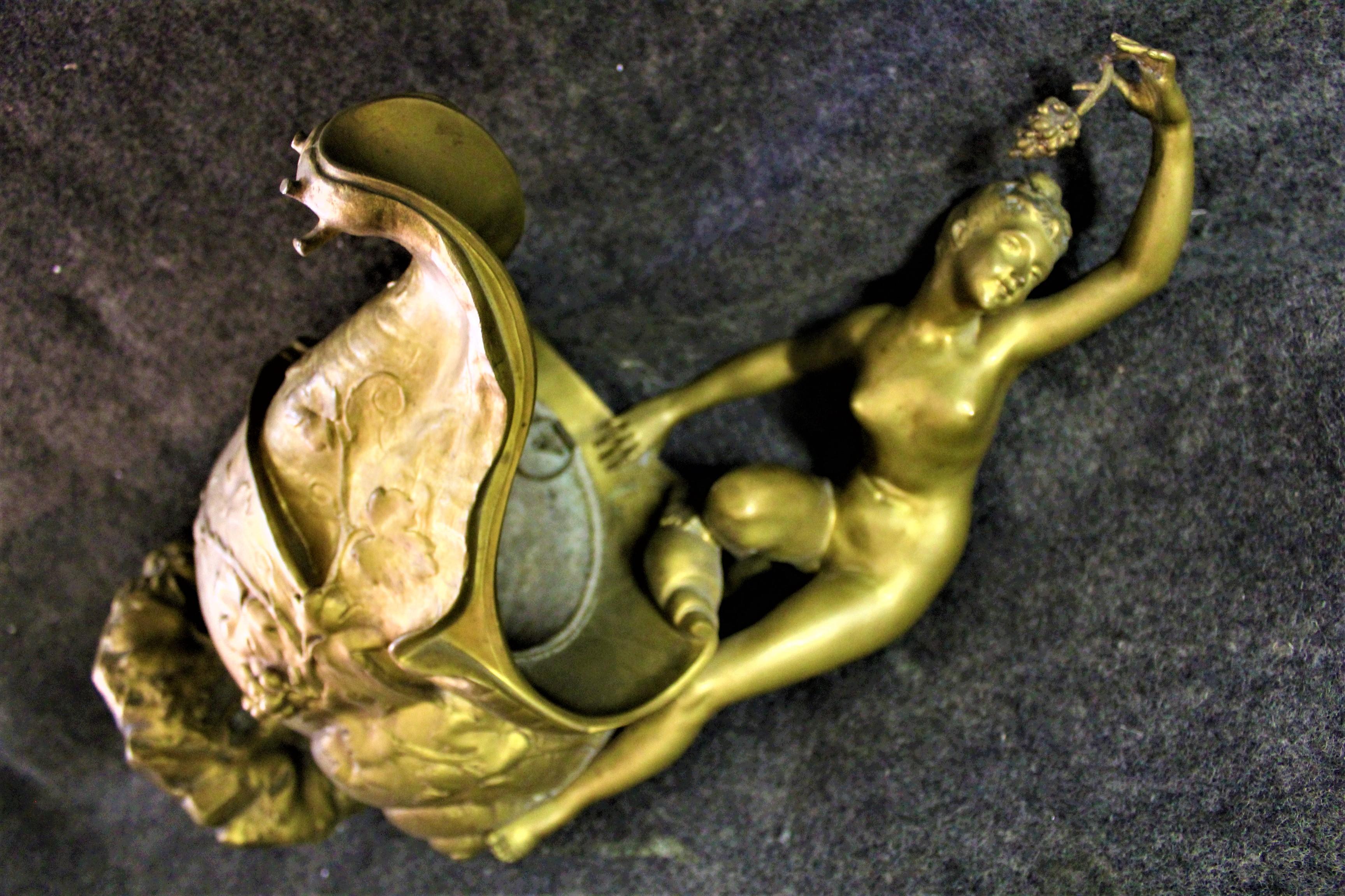 Original Deco Vase, Nude with Grapes Kneeling on a Large Snail, Signed Fugere For Sale 1