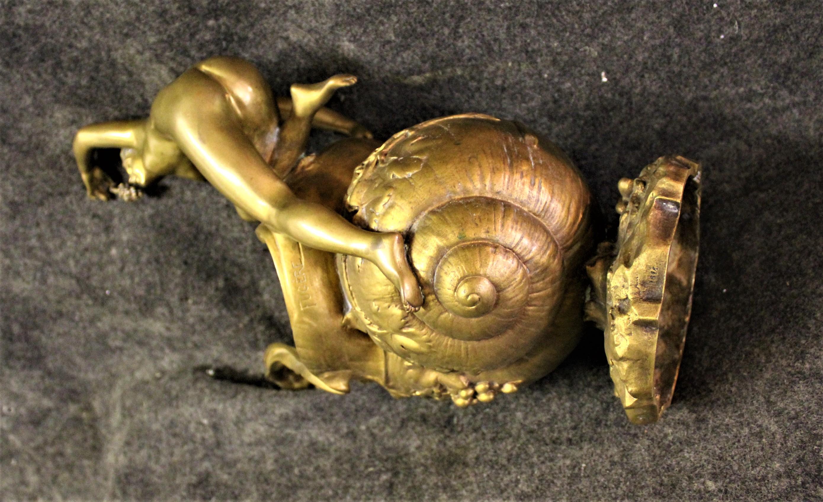 Cast Original Deco Vase, Nude with Grapes Kneeling on a Large Snail, Signed Fugere For Sale
