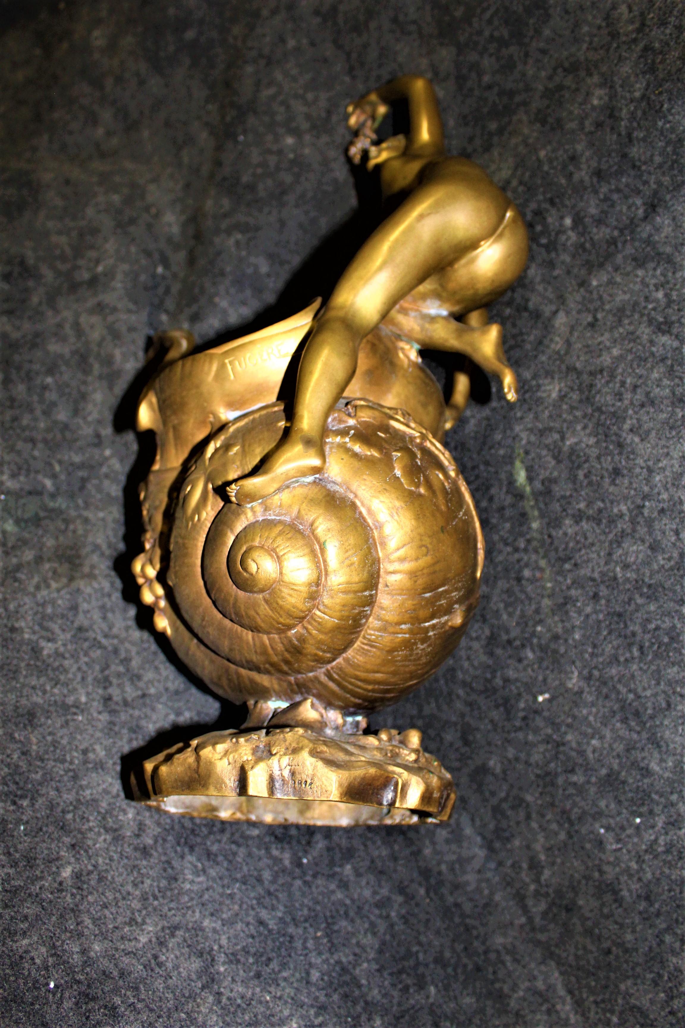 Original Deco Vase, Nude with Grapes Kneeling on a Large Snail, Signed Fugere In Good Condition For Sale In Los Angeles, CA