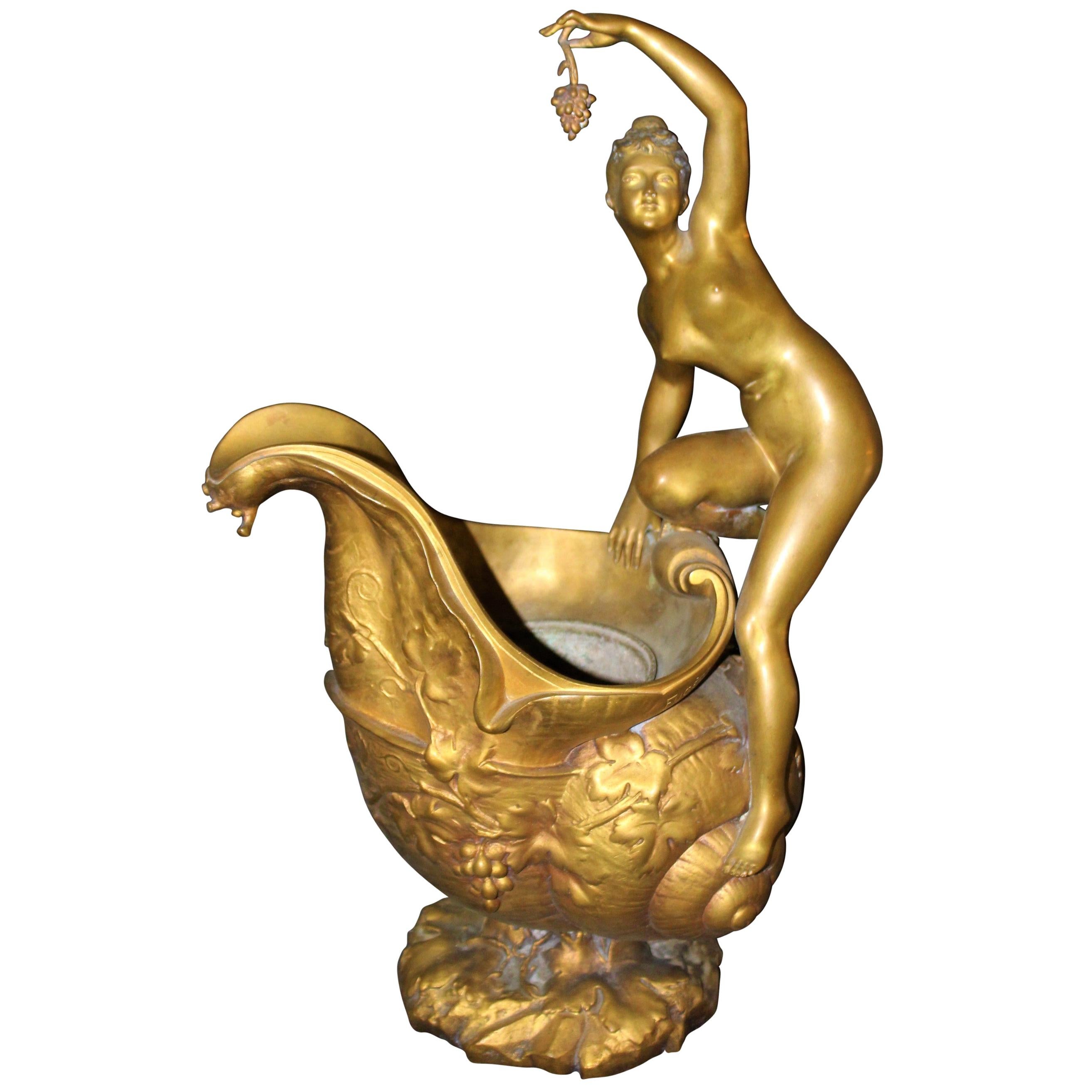 Original Deco Vase, Nude with Grapes Kneeling on a Large Snail, Signed Fugere