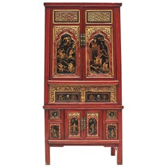 Original Decorated Red Gilt Lacquered Cabinet from Fujian Province