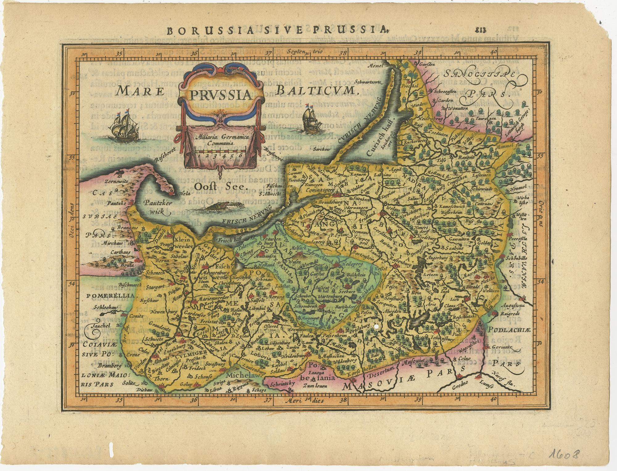 Antique map titled 'Prussia'. Original antique map of Prussia, a historically prominent German state that originated in 1525 with a duchy centered on the region of Prussia on the southeast coast of the Baltic Sea. This map originates from 'Atlas