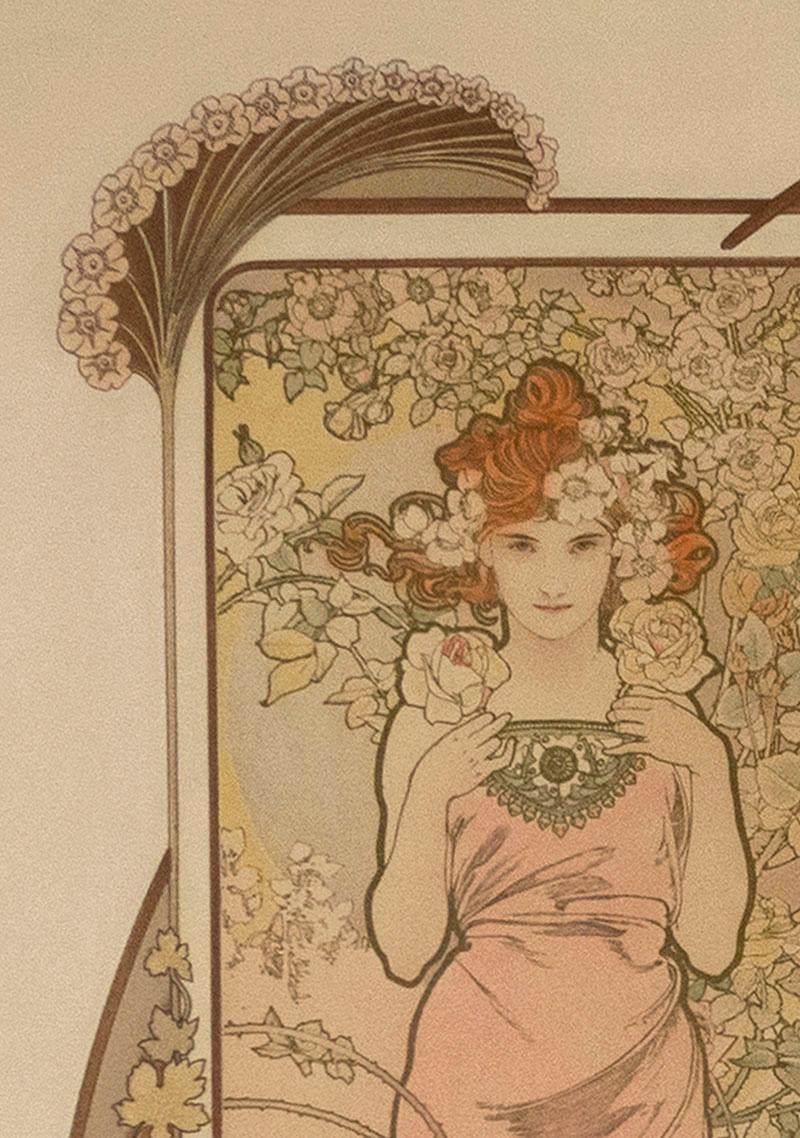 The first of Mucha’s decorative panels were The Seasons (1896), a series of four panels representing the theme of the Four Seasons. The series proved very popular and it was followed by other popular series including. The flowers, depicted here.