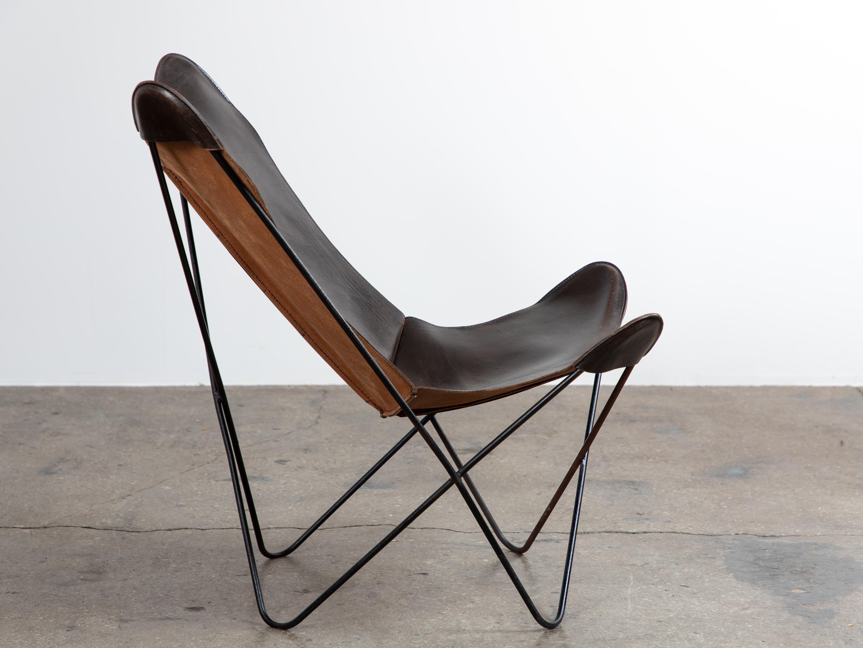 American Original Deep Brown Leather Hardoy Butterfly Chair, Issued by Knoll, 1950s For Sale
