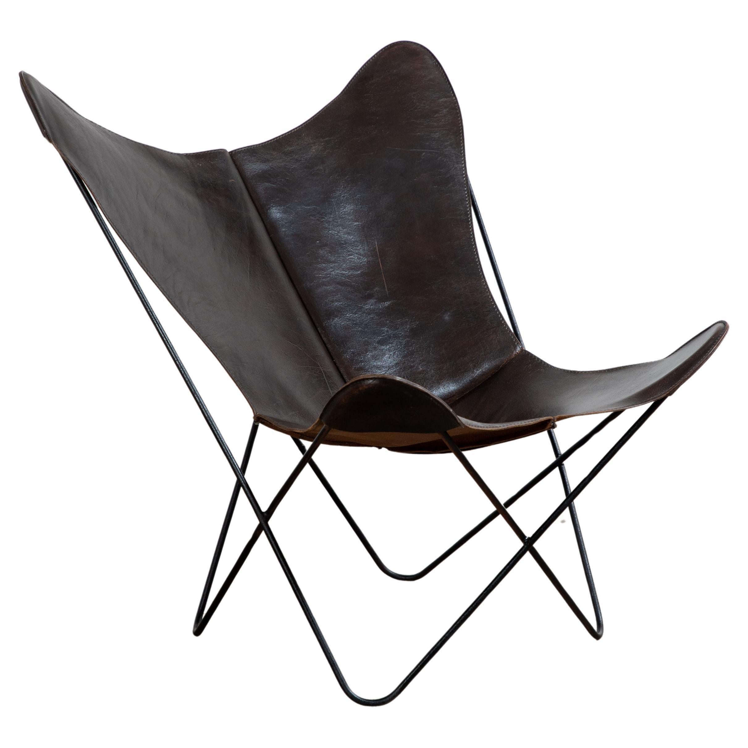 Original Deep Brown Leather Hardoy Butterfly Chair, Issued by Knoll, 1950s For Sale