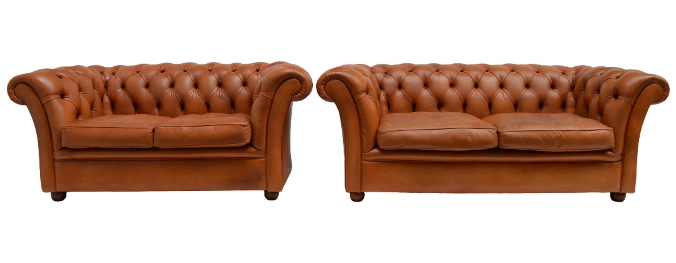 Leather Original Delta Chesterfield 3+2 Settee in Cognac Cowhide For Sale
