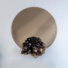 Original Design circular bronze-color Mirror with Brazilian Smoky Quartz Cluster