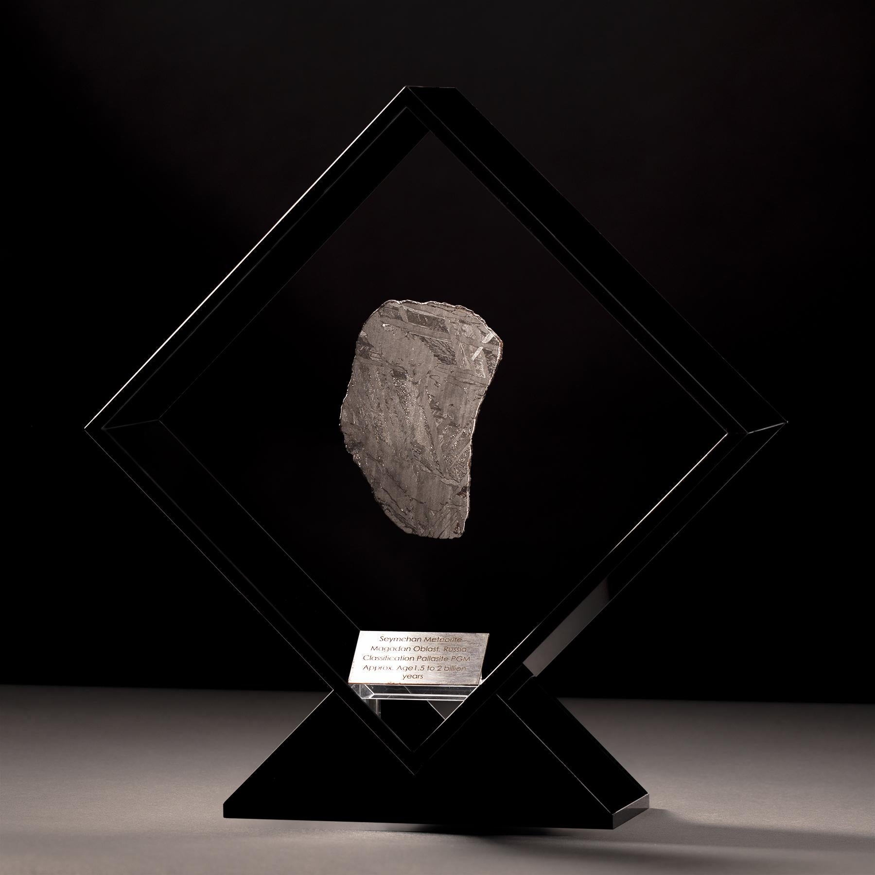 Organique Am designs, météorite Seymchan dans un présentoir en acrylique noir en vente
