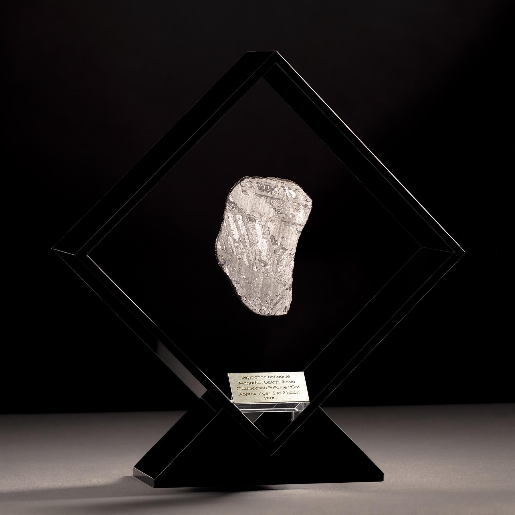 Mexican Original Design, Seymchan Meteorite in a Black Acrylic Display For Sale