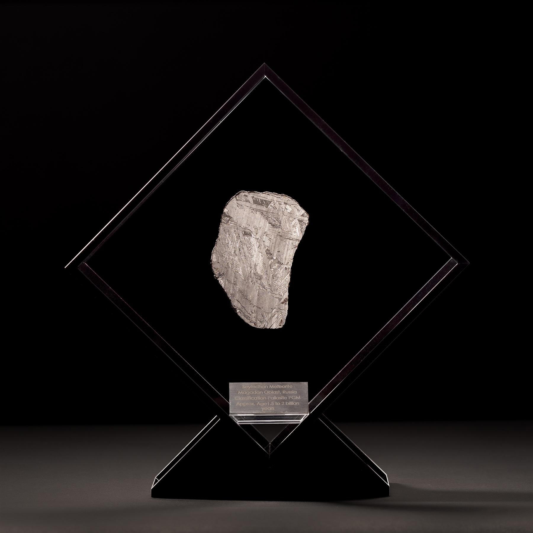 Mexican Original Design, Seymchan Meteorite in a Black Acrylic Display For Sale