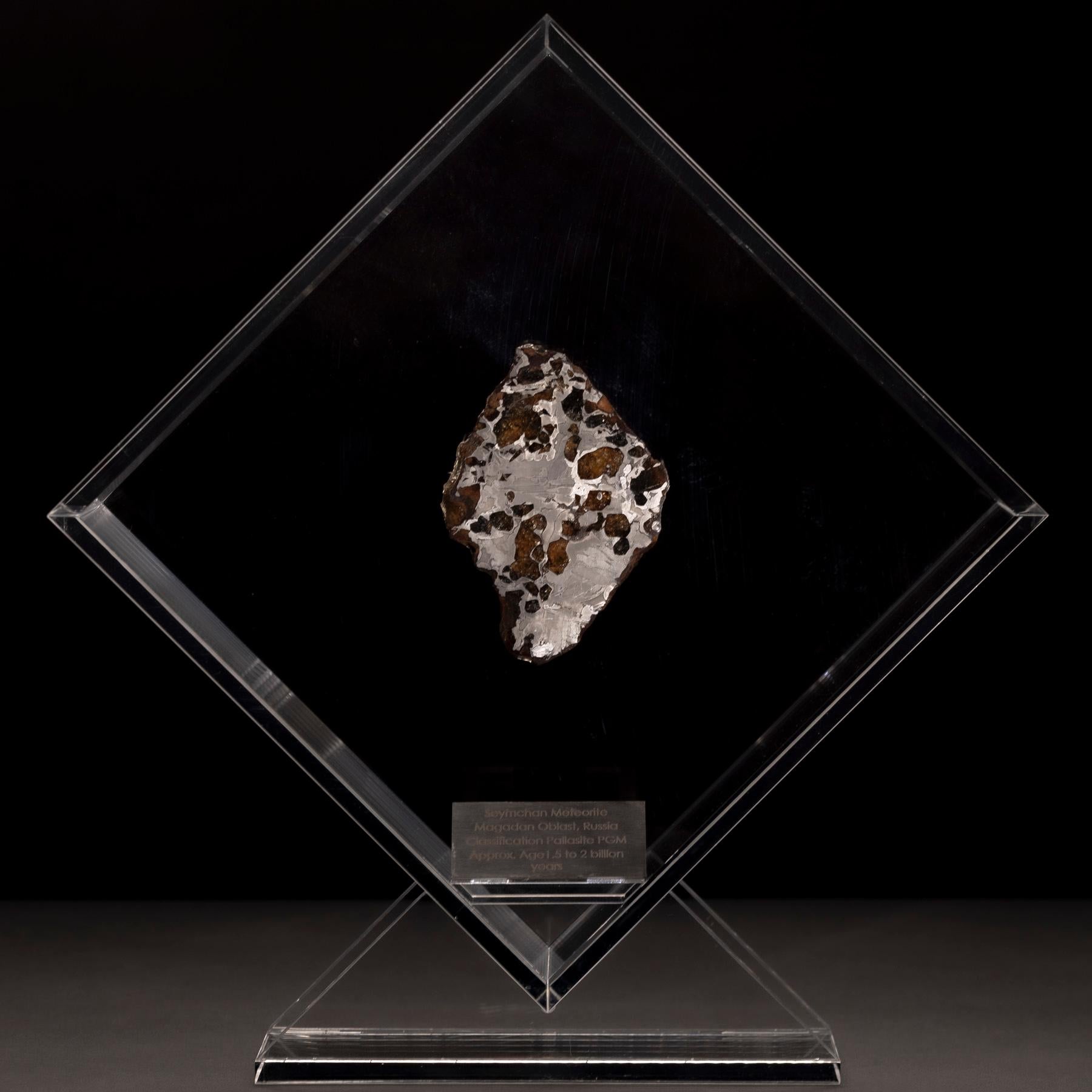 Mexican Original Design, Seymchan with Olivine Meteorite in a Acrylic Display For Sale