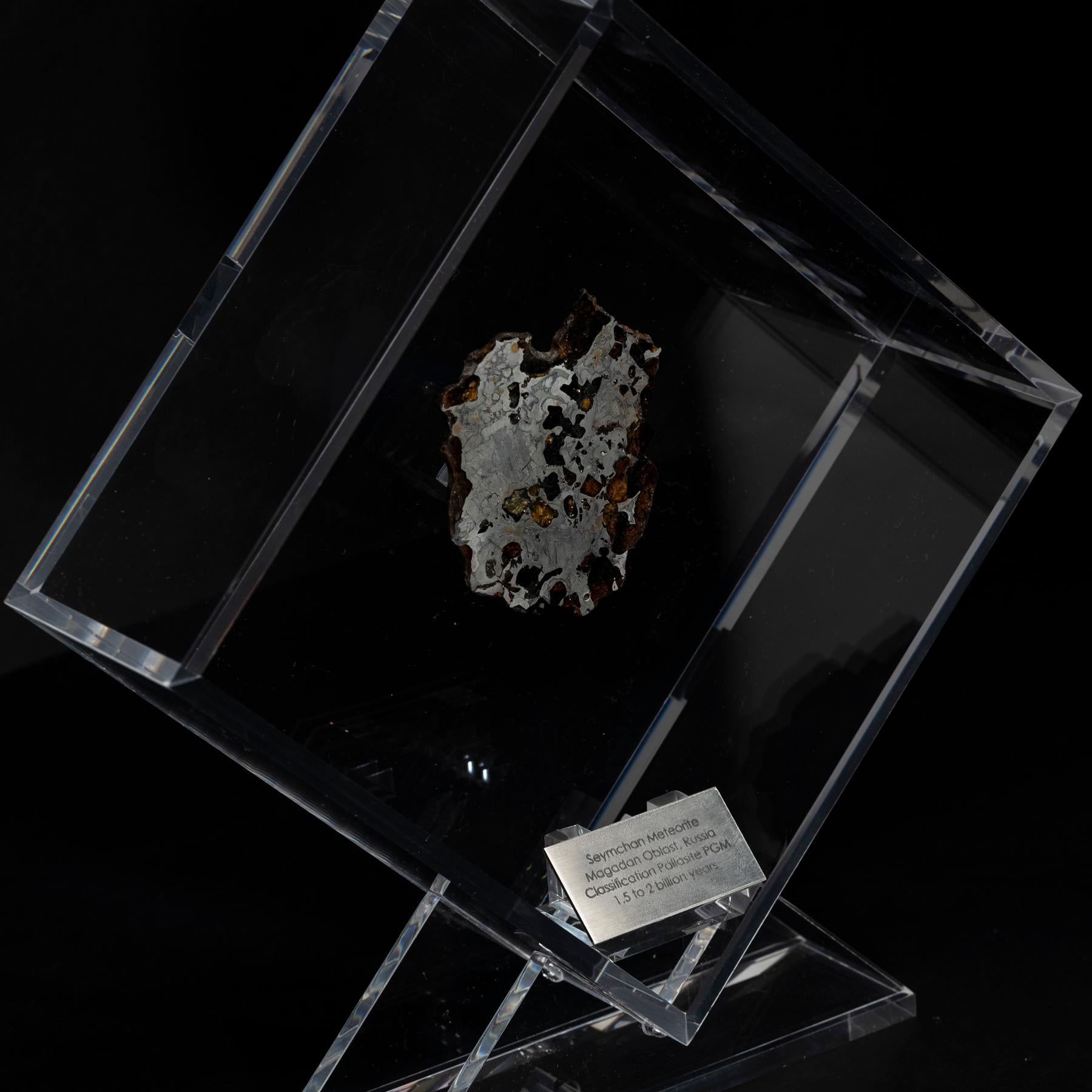 Mexican Original Design, Seymchan with Olivine Meteorite in a Acrylic Display For Sale