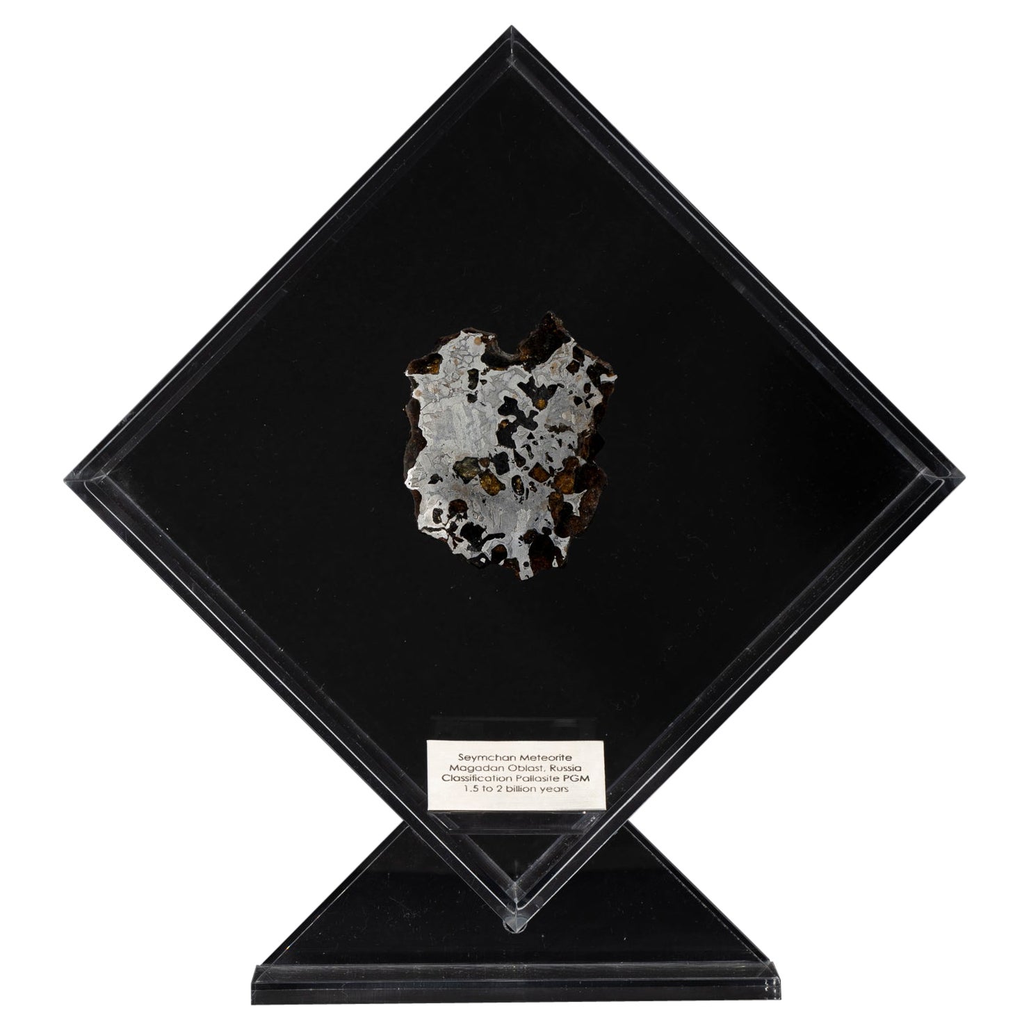 Original-Design, Seymchan mit Olivine Meteorit in einer Acryl-Ausstellung