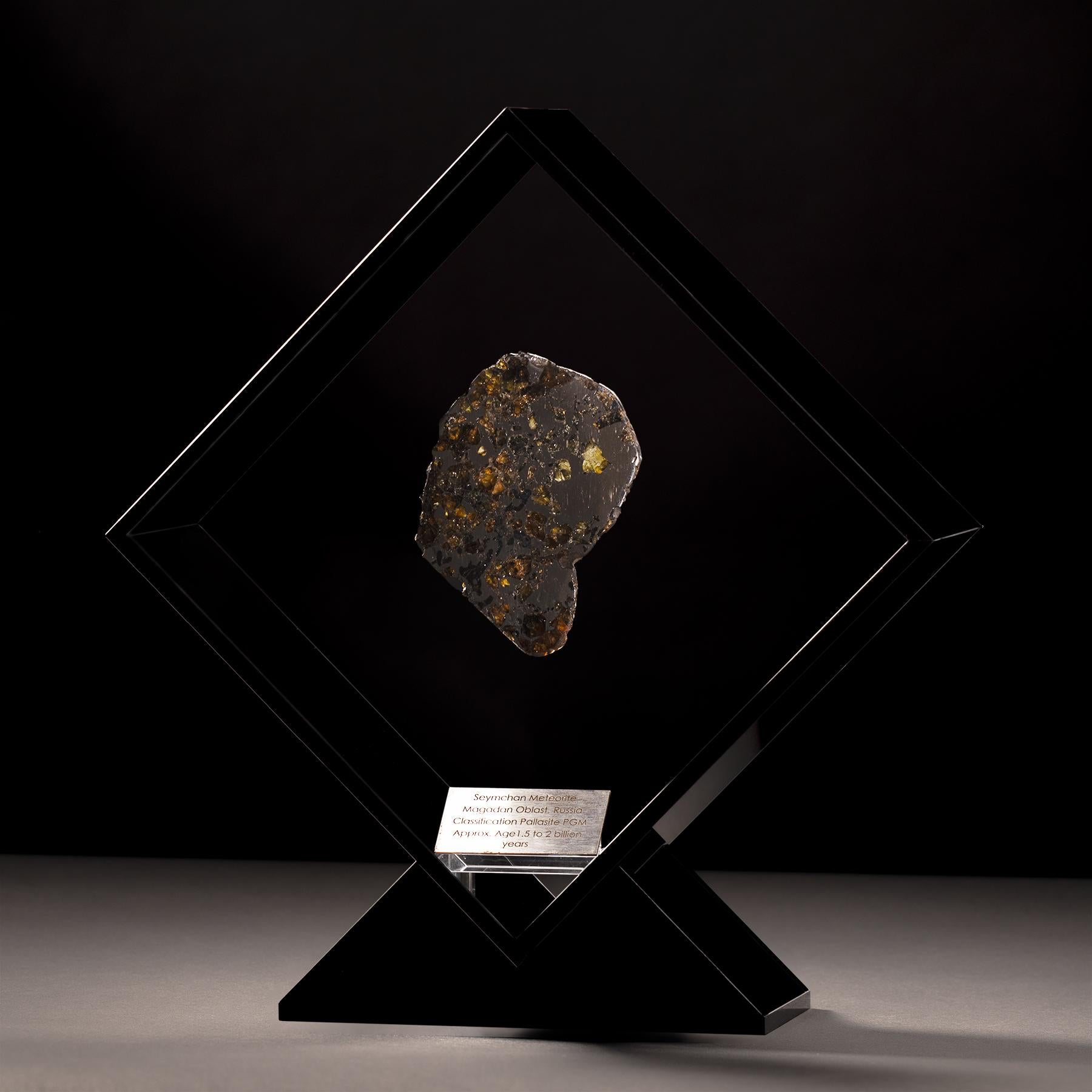 Organico moderno Design originale, Seymchan con Meteorite di Olivina in un espositore in acrilico nero in vendita