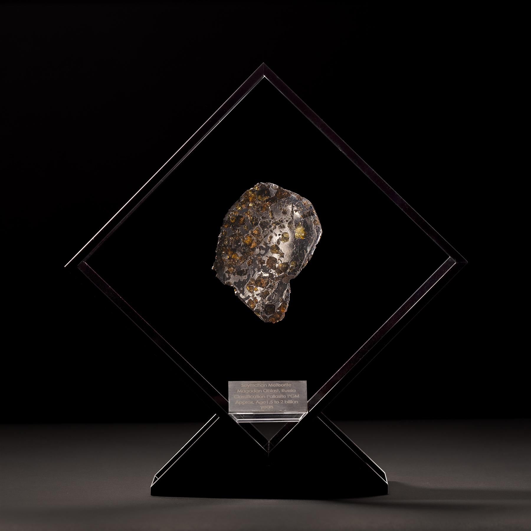 Organique Conception originale, Seymchan avec Olivine Meteorite dans une vitrine en acrylique noire en vente