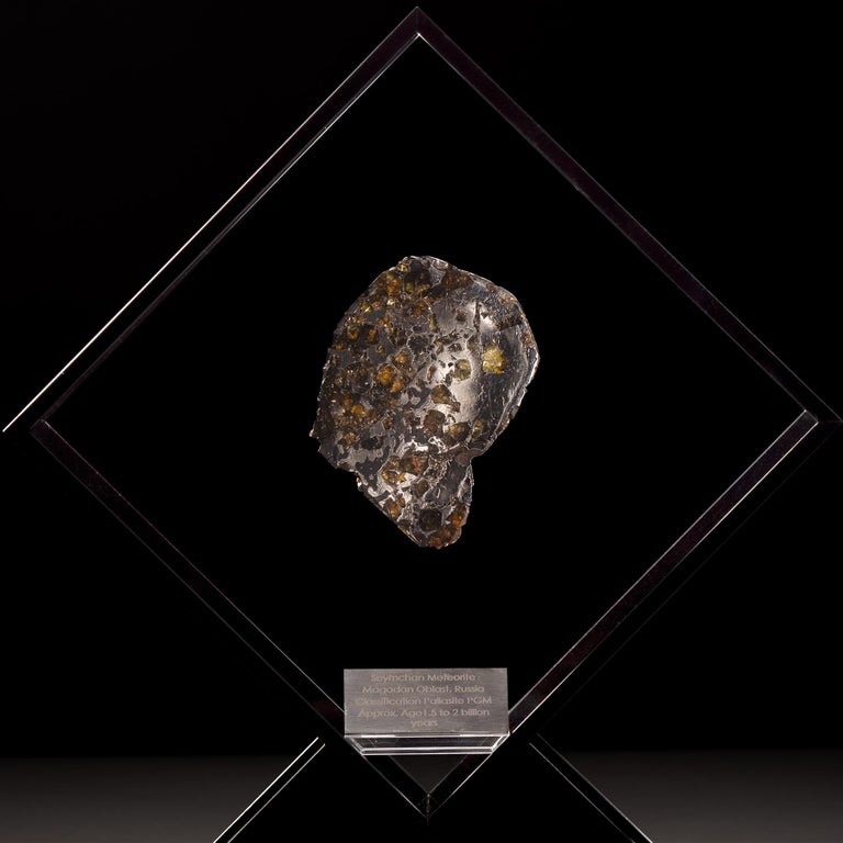 Original Design, Seymchan with Olivine Meteorite in a Black Acrylic Display In New Condition For Sale In Polanco, CDMX