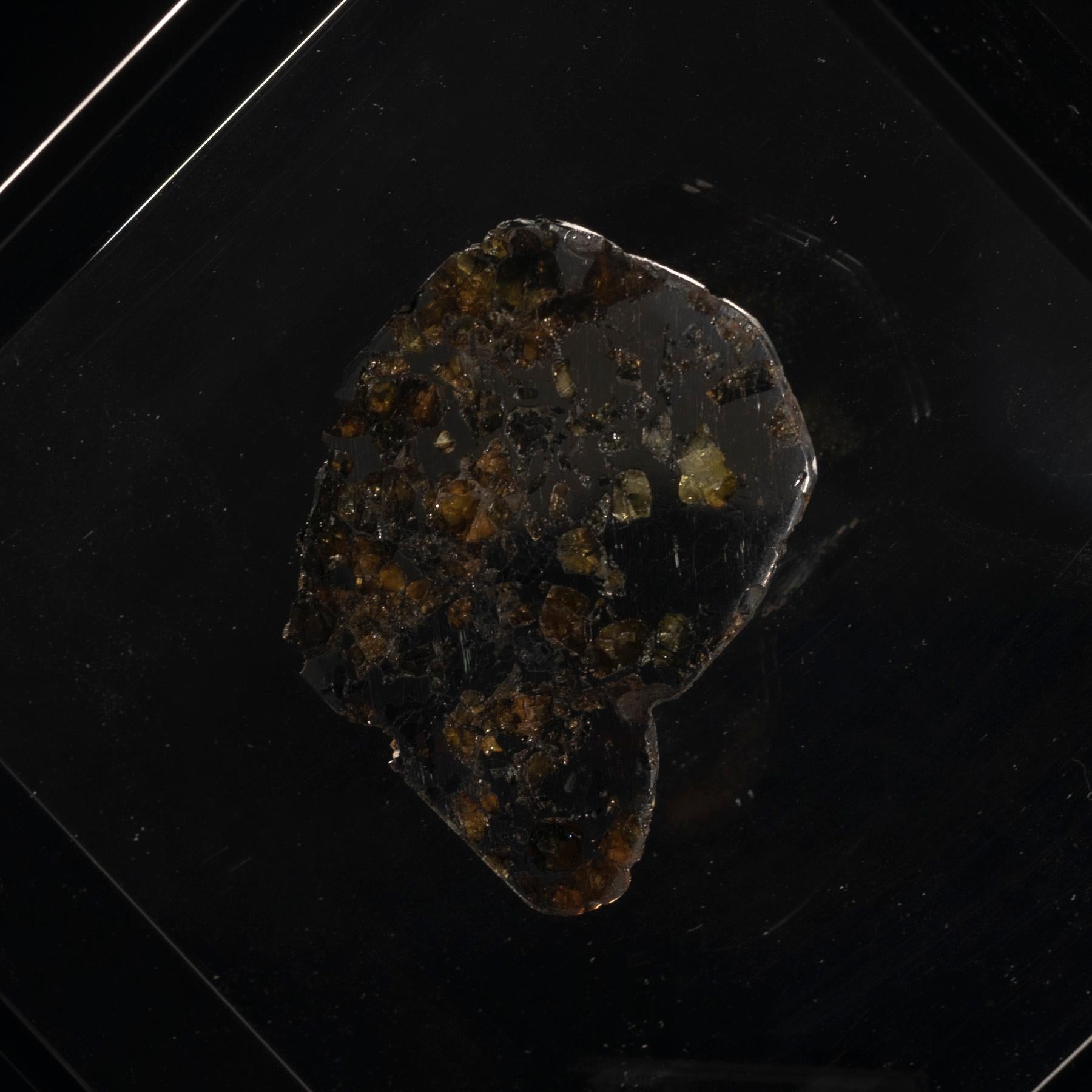 Original Design, Seymchan with Olivine Meteorite in a Black Acrylic Display For Sale 1