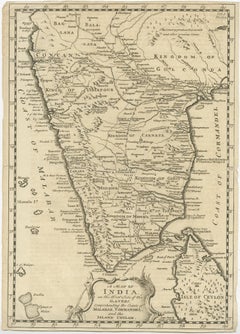 Original Detailed Antique Map of Southern India and Most of Ceylon, 1744