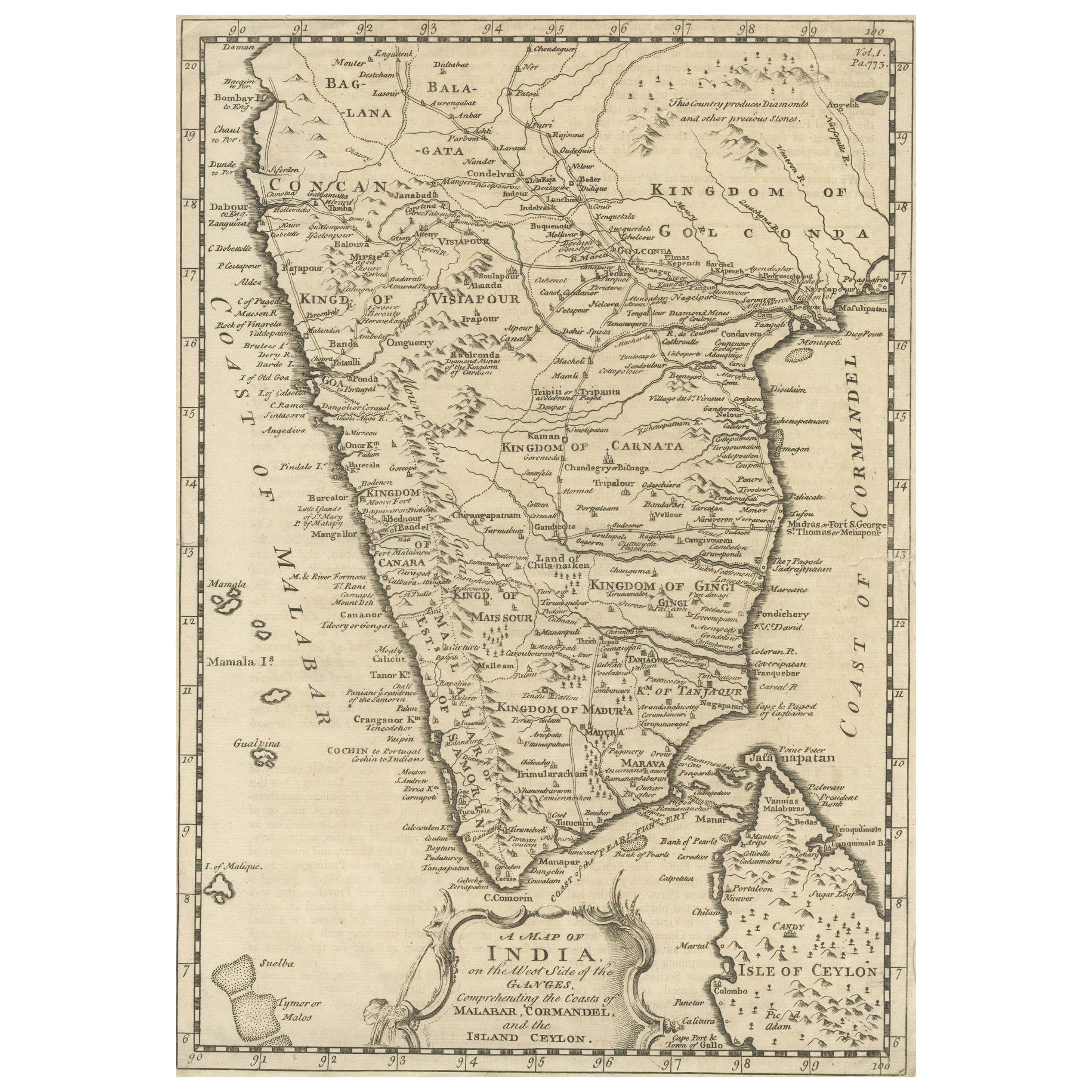 Carte ancienne d'origine détaillée de l'Inde du Sud et de la plupart de Ceylan, 1744