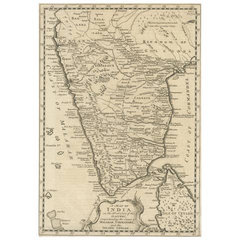 Original Detailed Antique Map of Southern India and Most of Ceylon, 1744
