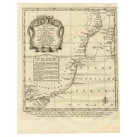 Original Detailed Antique Map of the East Coast of Africa, 1747