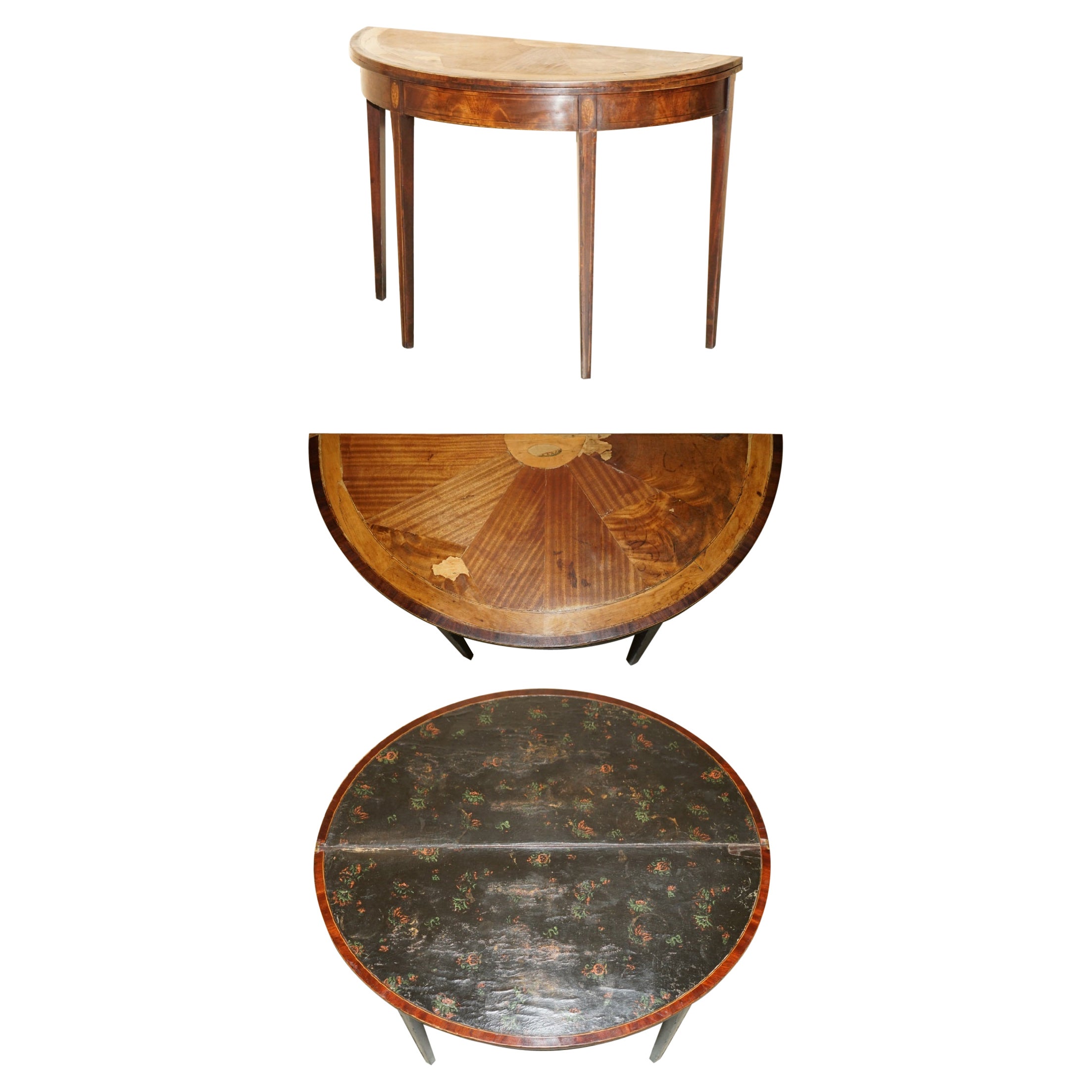 ORIGINAL DISTRESSED ANTiQUE GEORGIAN SHERATON DEMI LUNE CARVED TABLE LEATHER TOP