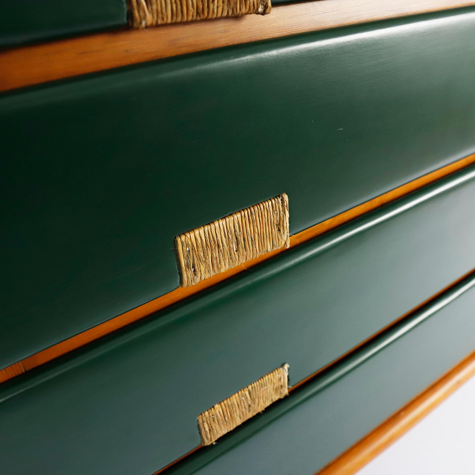We offer this rare an early original Domus drawer designed by Michael Van Beuren in pine wood with the characteristic green Van Beuren color, designed by the American Bauhaus designer, Michael Van Beuren in Mexico, circa 1950, this handmade, solid