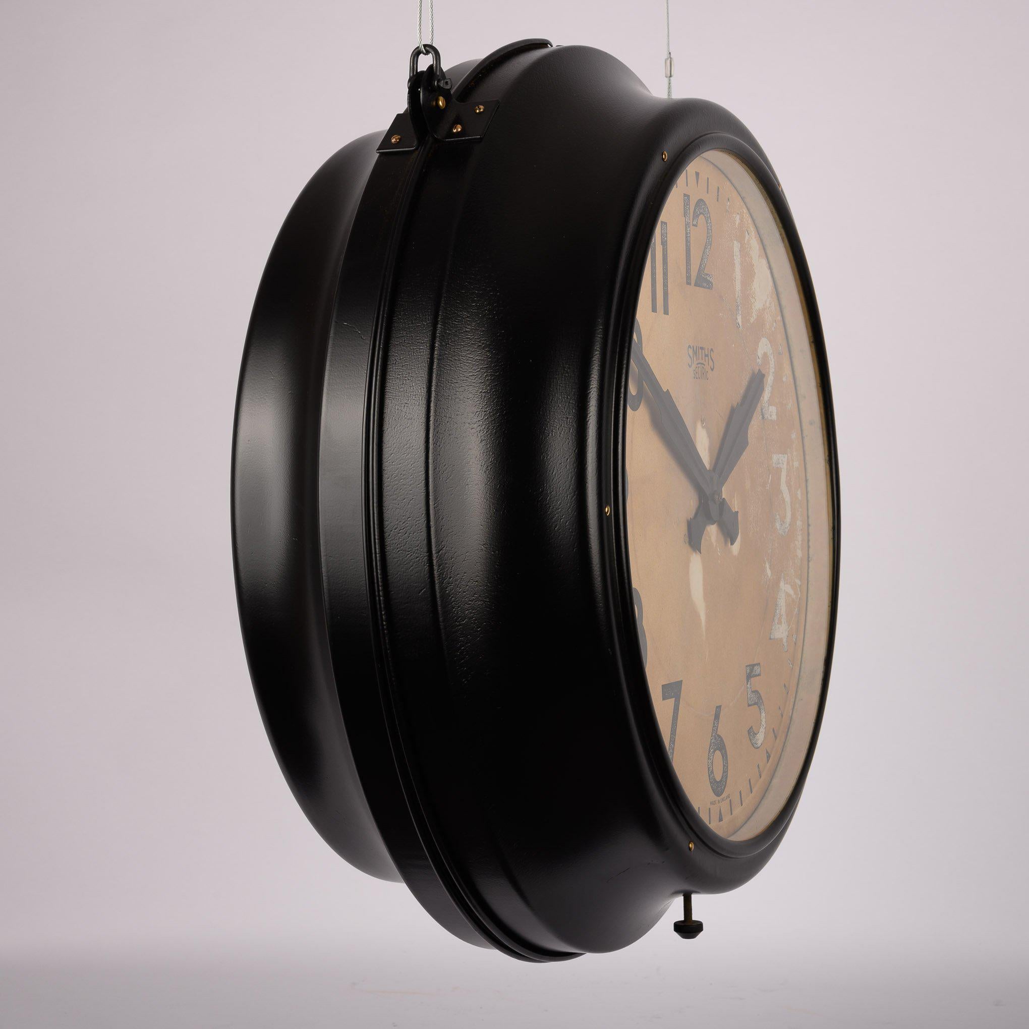 British Original Double Sided Metal Industrial Station Clock by Smiths