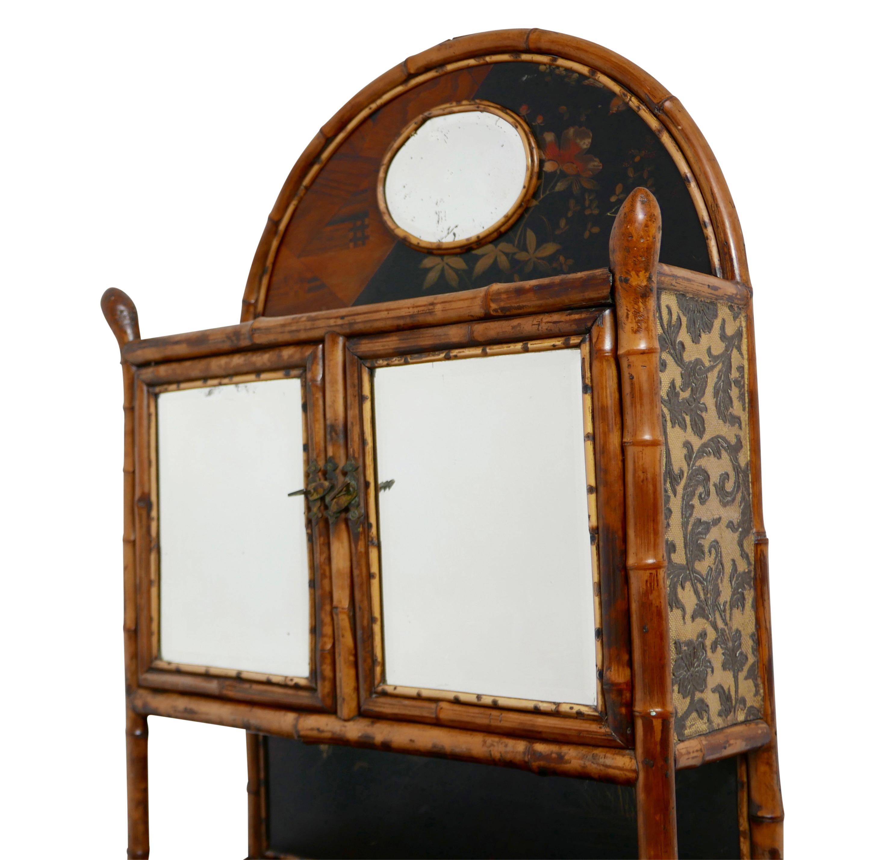 Beveled Original Double Tier Bamboo Cabinet English, 19th Century