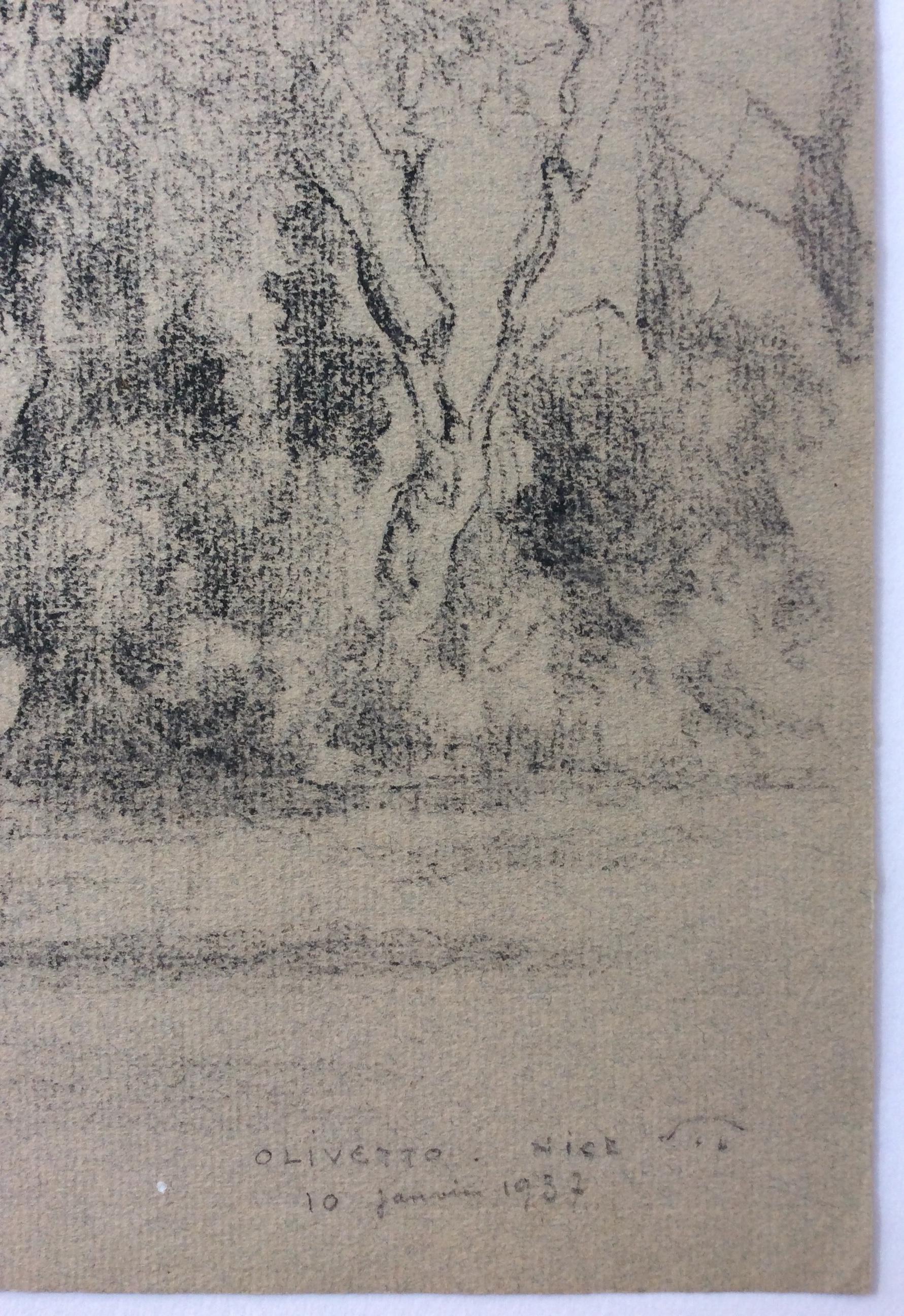 French Original Landscape Drawing by Leonce Pelletier Dated 1937 For Sale