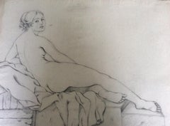 Disegno originale di donna nuda, francese non firmato su carta invecchiata