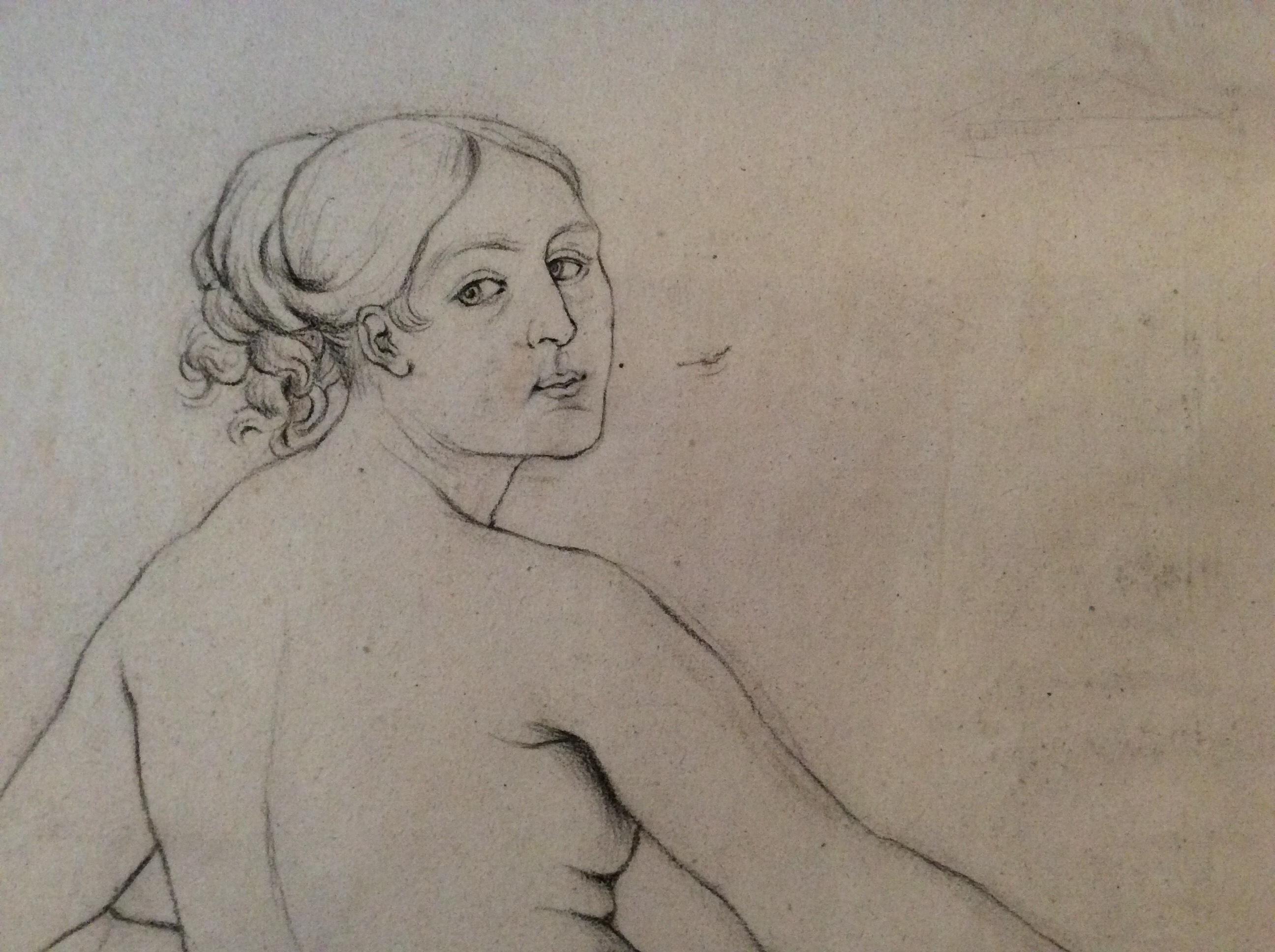 Original-Zeichnung einer nackten Frau, Französisch, unsigniert auf gealtertem Papier im Zustand „Gut“ im Angebot in Miami, FL