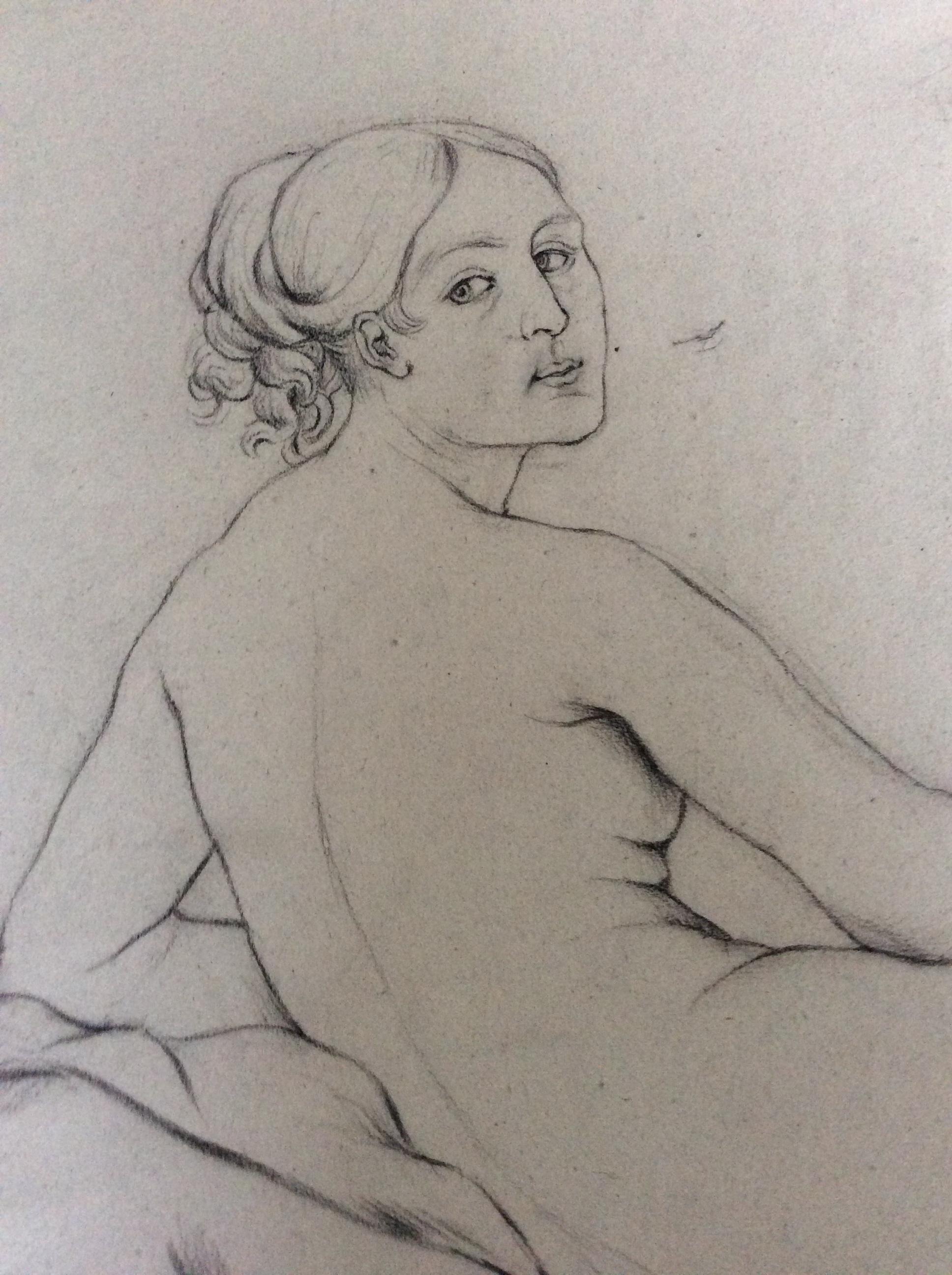 Original-Zeichnung einer nackten Frau, Französisch, unsigniert auf gealtertem Papier (20. Jahrhundert) im Angebot