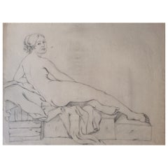 Original-Zeichnung einer nackten Frau, Französisch, unsigniert auf gealtertem Papier