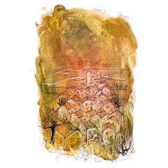 Disegno originale di un villaggio provenzale, Alice Colonieu, Francia CIRCA 1960