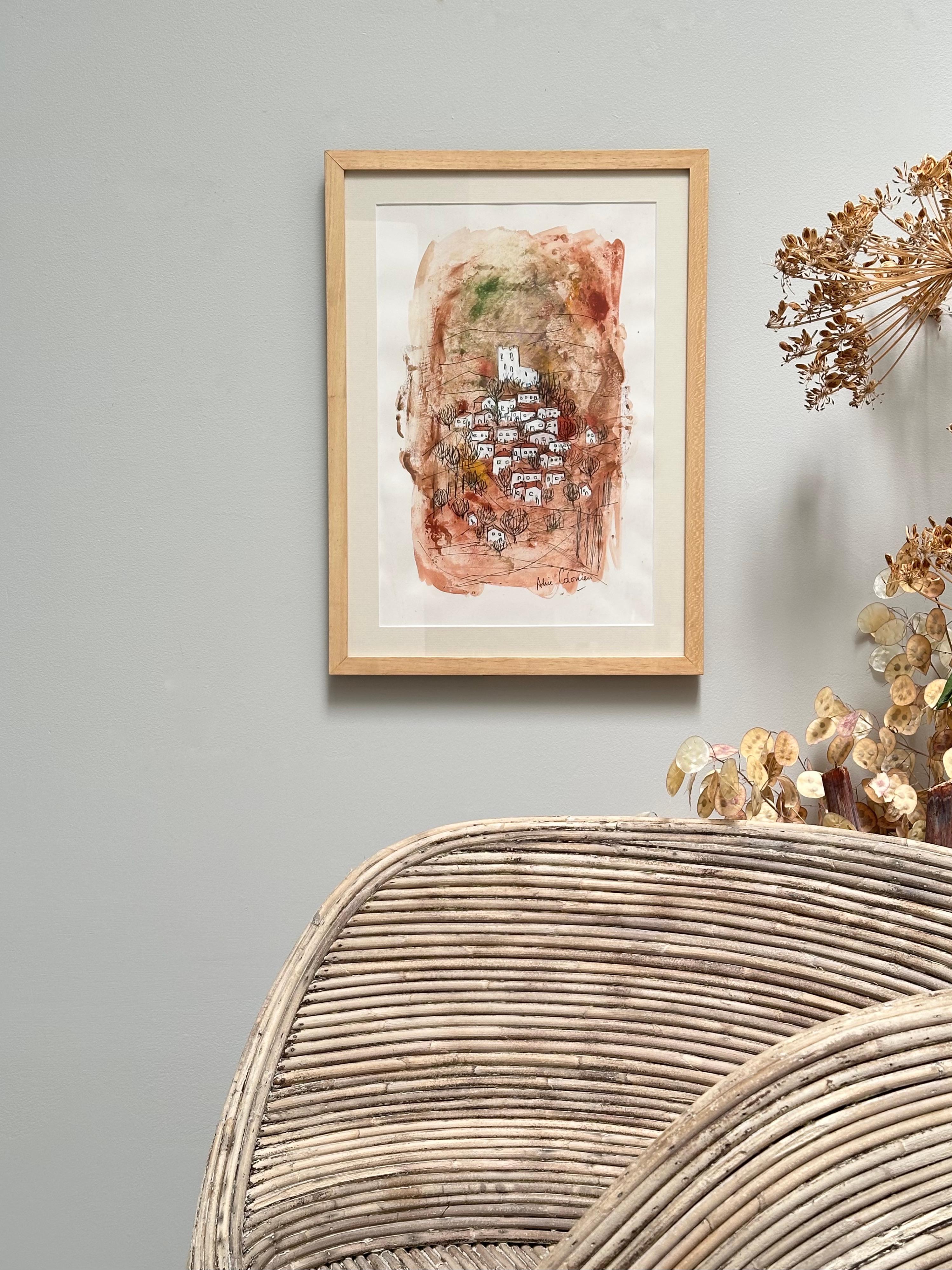 Français Dessin original, Vues de la Drôme provençale, Alice Colonieu, Roaix c. 1960 en vente