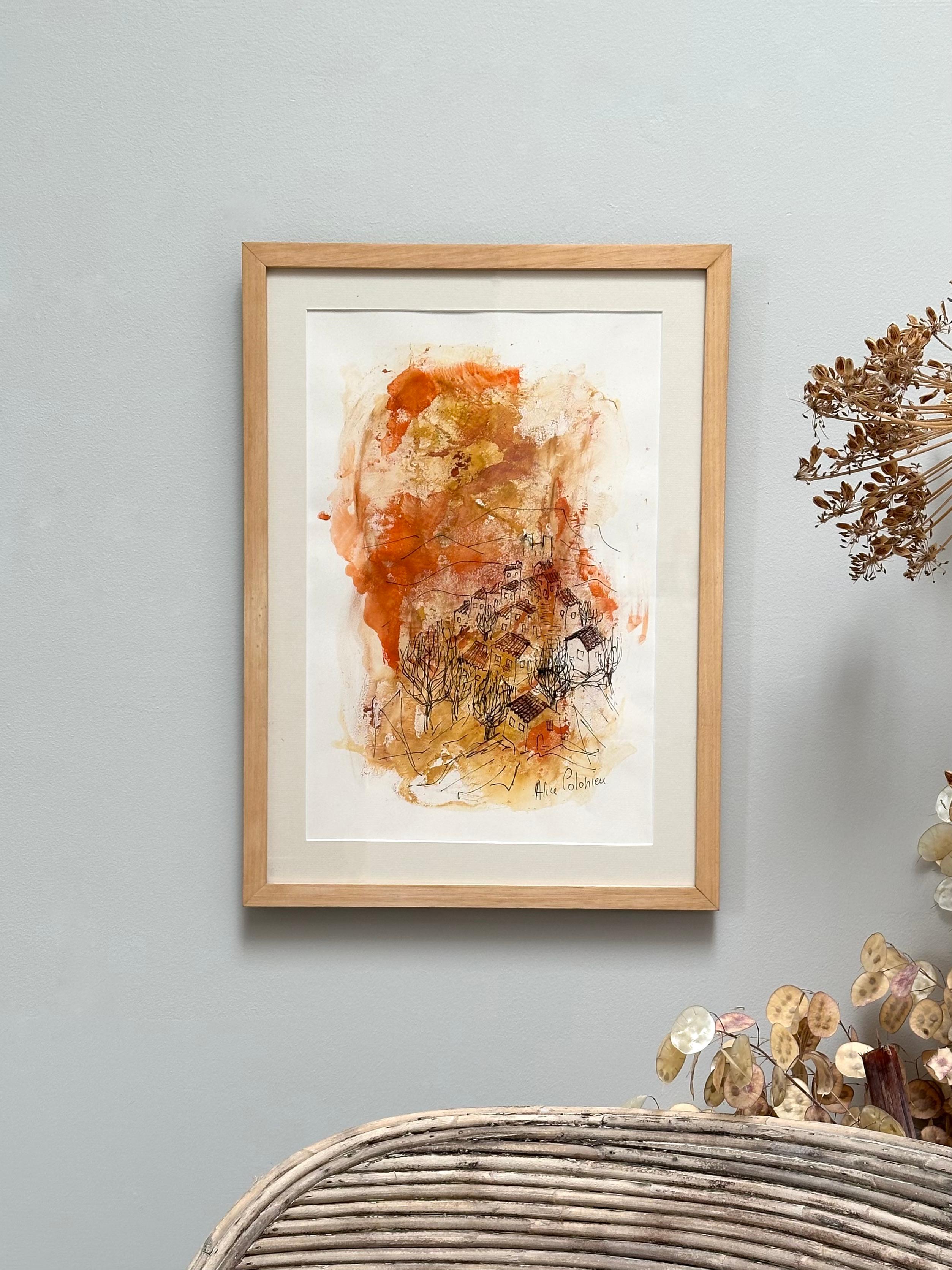 Polychromé Dessin original, Vues de la Drôme provençale, Alice Colonieu, Roaix c. 1960 en vente